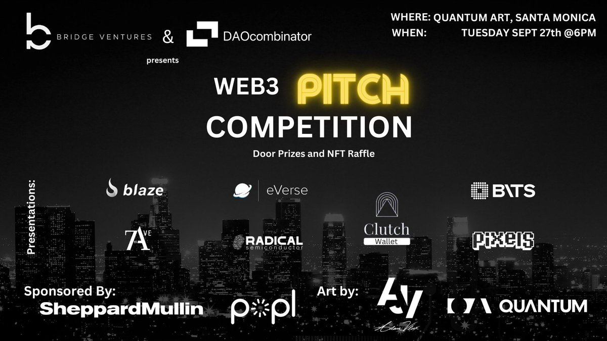 Web3 pitch competition today at <a href="/QuantumNFT/">Quantum Art</a> gallery! There will be door prizes, appetizers, pizza, drinks, a <a href="/nusicOfficial/">NUSIC</a> music NFT raffle, <a href="/poplco/">Popl</a> gold card, and AR art by <a href="/adamvlux/">AdamVlux</a>! Co-hosted by @0xbridgevc <a href="/DAOcombinator/">DAOcombinator</a> Code = WEB3VIP lu.ma/web3pitch