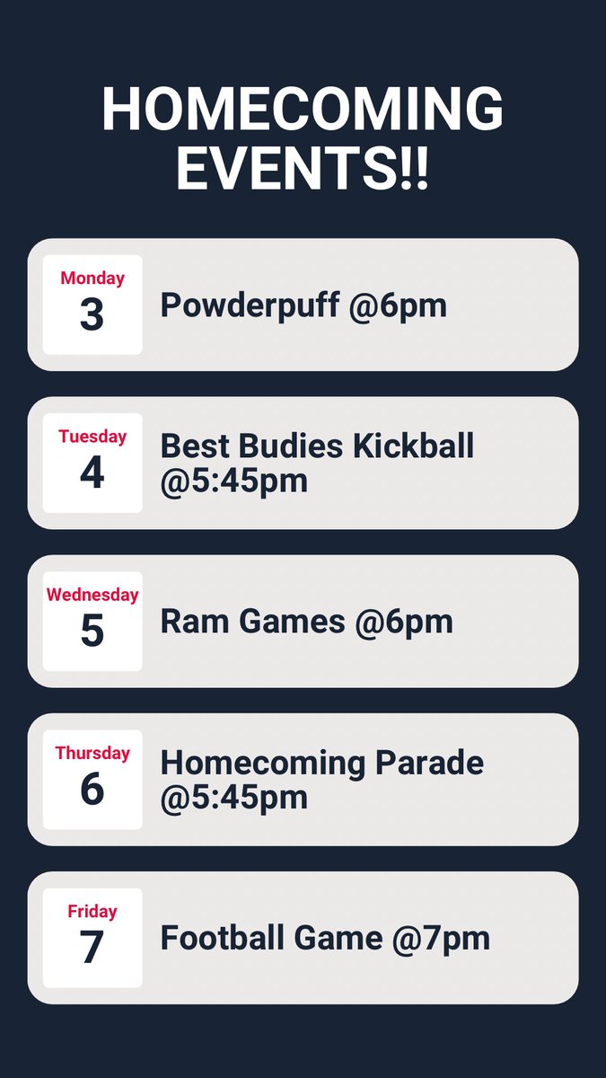 HOMECOMING WEEK events and times, we hope to see you all there!!! More info will be coming out later this week. #gorams