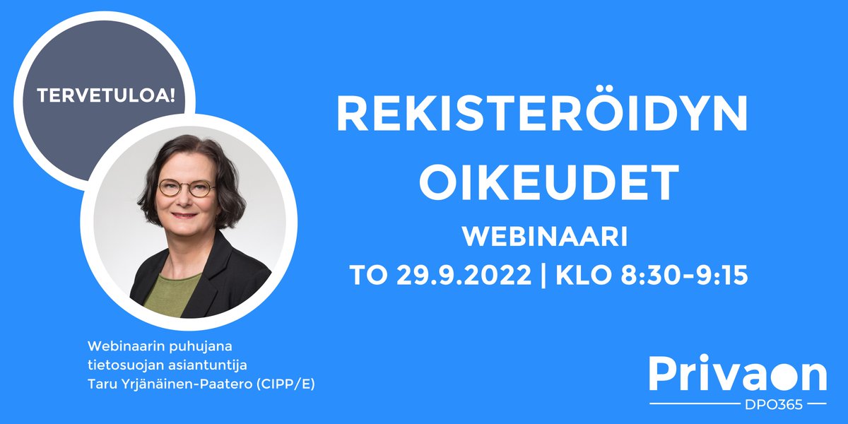 Rekisteröidyn oikeudet -webinaari tämän viikon torstaina 29.9. klo 8:30-9:15. Lue lisää ja ilmoittaudu mukaan maksuttomaan webinaariin us06web.zoom.us/webinar/regist… #dataprotection #privacy #tietosuoja #rekisteröity #henkilötieto #oikeudet #tietosuojaapalveluna #privaon #dpo365