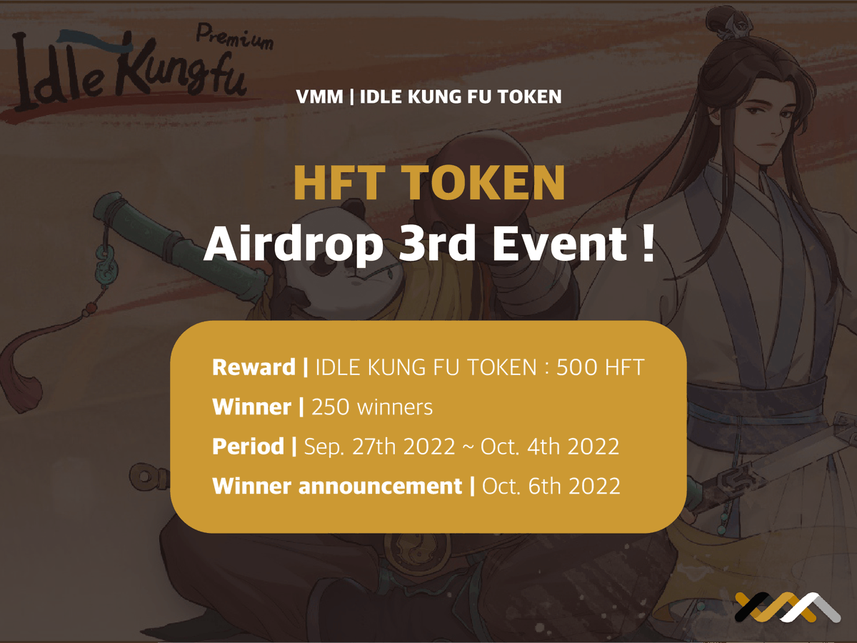 New airdrop: VMM IDLE KUNG FU Round3
Reward: 500 HFT 
Rate: ⭐️⭐️⭐️⭐️
Winners: 250 Random
Distribution: after winners announcement

Airdrop Link: t.me/airdropinspect…

#Airdrop #Airdrops #Airdropinspector #VirtualMattersMatter #VMM #Crypto #Bitcoin