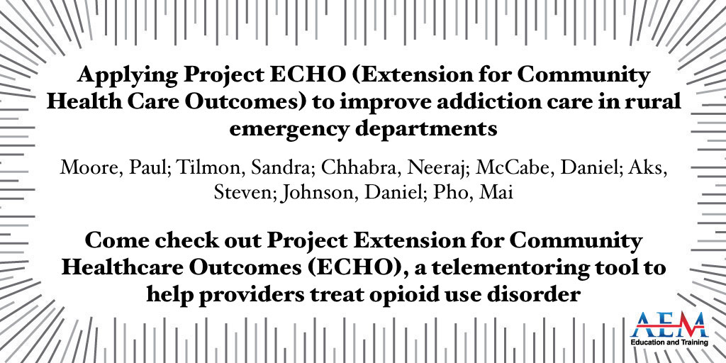 Come check out Project Extension for Community Healthcare Outcomes (ECHO), a telementoring tool to help providers treat opioid use disorder! onlinelibrary.wiley.com/doi/full/10.10…