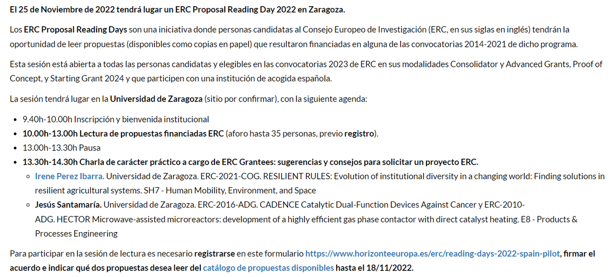 El 25 de Noviembre de 2022 cerramos la edición 2022 de los ERC Proposal Reading Day en Zaragoza.
Hospeda <a href="/unizar/">Universidad Zaragoza</a> 

3 horas de lectura autónoma de propuestas ERC y charla práctica a cargo de Irene Pérez Ibarra y Jesús Santamaría #unizar

➡️horizonteeuropa.es/erc-proposal-r…