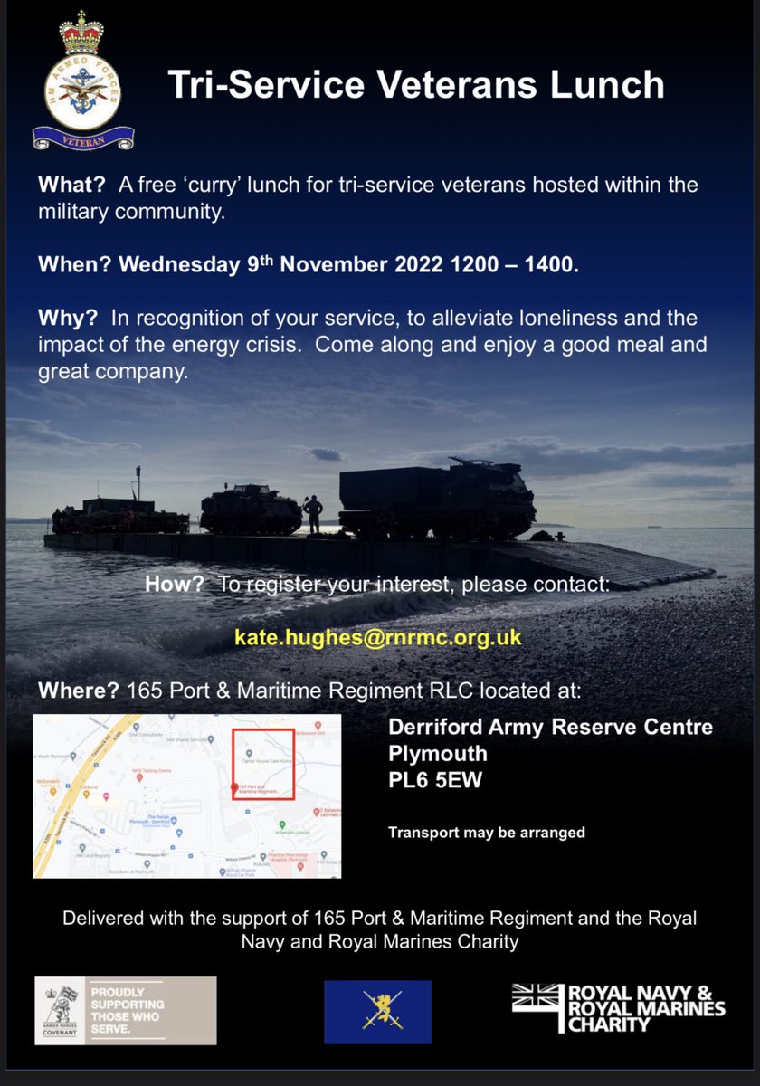 Military_Wolfie's tweet photo. #Plymouth Tri-Service Veterans Lunch! @165PortRegtRLC and @RNRMC are hosting a Curry Lunch for Veterans to help ease the cost of living and reduce loneliness. Book a place by contacting Kate at RNRMC 👇 https://t.co/lyBWxcq3Bv