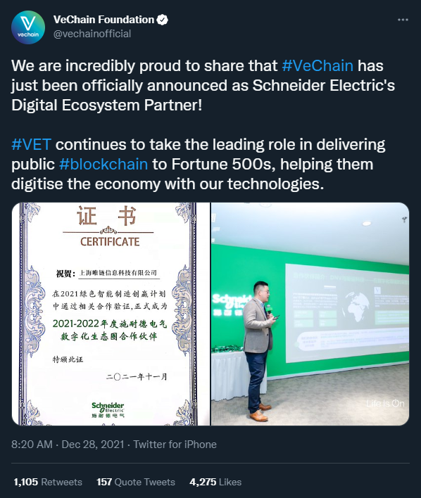 DNV recently joined Schneider Electric at PRODURABLE 🇫🇷 to discuss the company's 'decarbonization journey' and how they teamed up to build a digital ecosystem across SE’s global supply chain. 🤝

#VeChain is the official Digital Ecosystem Partner for Schneider Electric. ⛓️