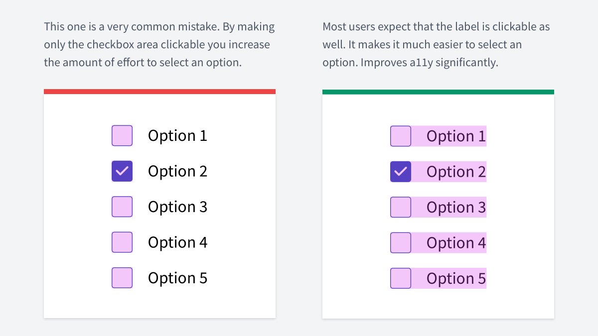 UI/UX Tip 💡

Labels in checkboxes should be clickable as well.

It increases the clickable area and makes it easy to hit the checkbox.