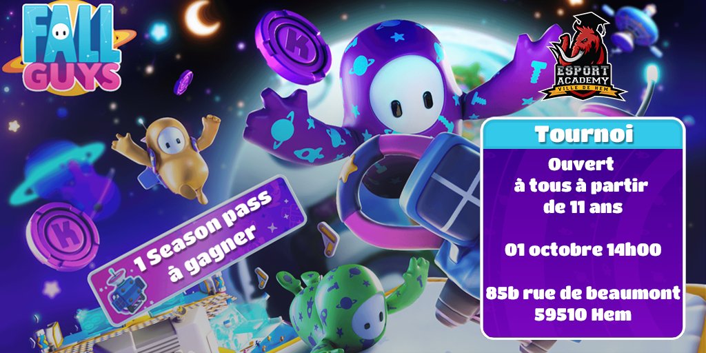 On avait dit qu'on referait des tournois sur Fall Guys alors nous voilà ! 
Ce samedi 1er octobre, venez vous amuser lors d'une petite compétition sur Fall Guys ! 

La première place vous permettra de remporter le pass de la saison 2 ! 🔥