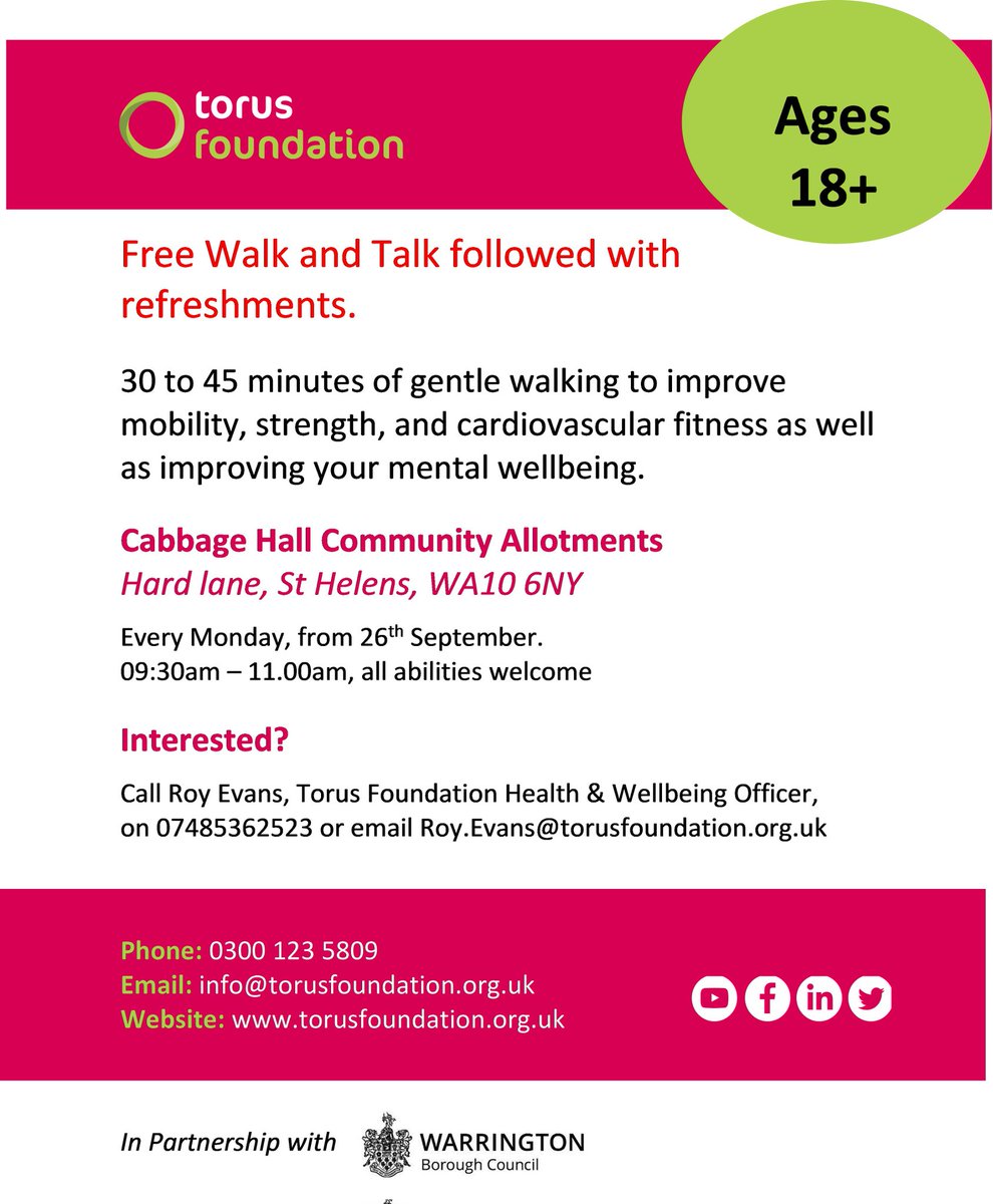 Torus Foundation is working in partnership with Cabbage Hall Community Allotments in St Helens. We are delivering a walk and talk programme, along with free refreshments after the walk. Come along and let nature blow the cobwebs off.<a href="/TorusFoundation/">Torus Foundation</a>