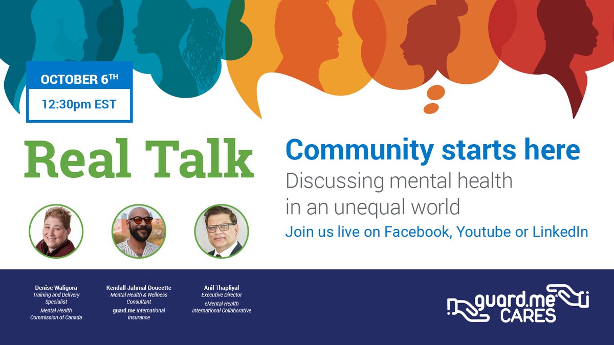 guardmecanada's tweet image. Join us for our live Real Talk discussion about the challenge of accessing mental health resources in an unequal world.  #RealTalk #guardmeCARES #MentalHealthAwareness #Community #MentalHealthForAll #WorldMentalHealthDay