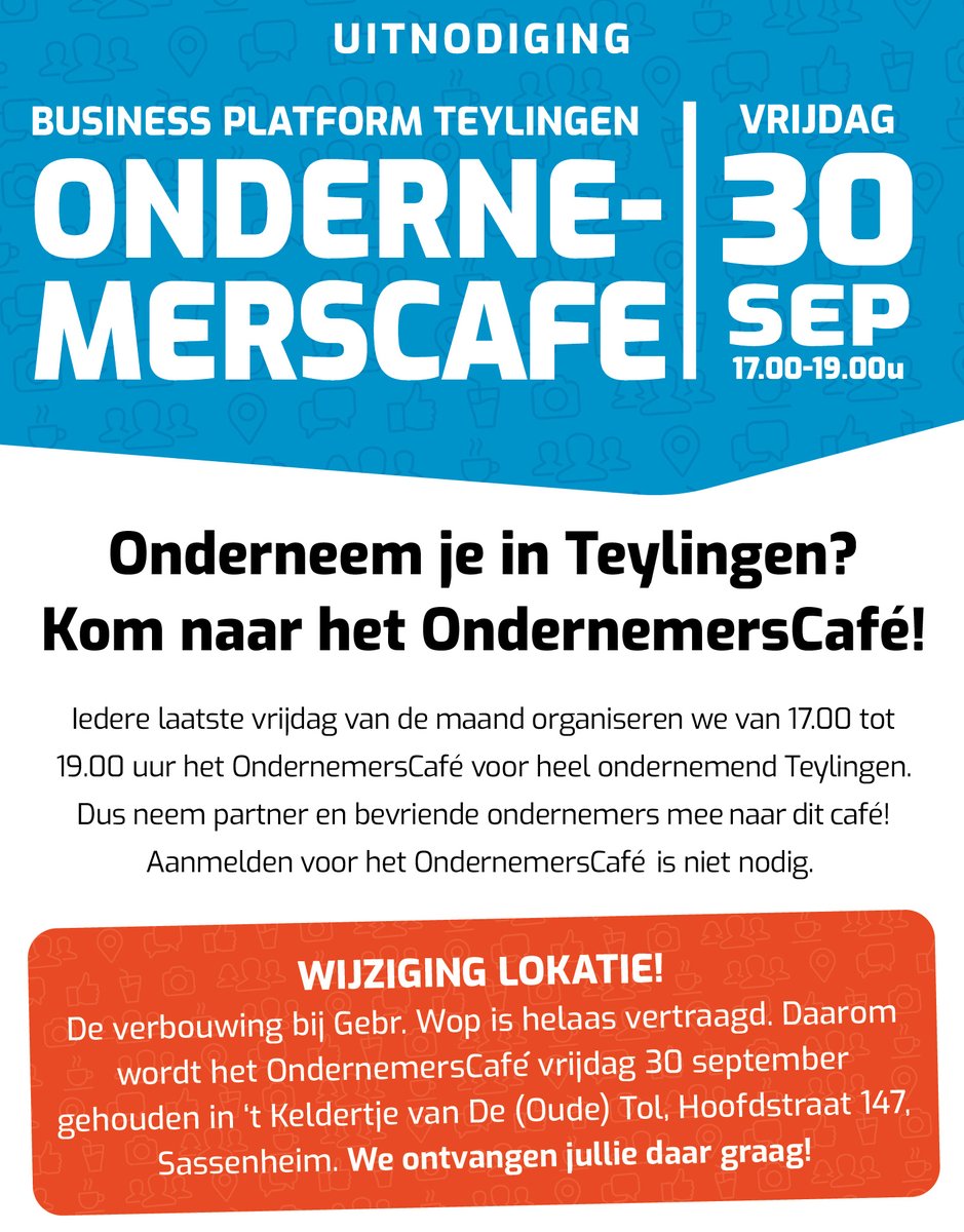Leuk als je vrijdag naar ons OndernemersCafé komt! Onze vaste uitvalsbasis is nog in verbouwing dus we schuiven een paar deuren op. 

Je bent tussen 17-19 uur welkom in 't Keldertje bij De (oude) Tol.