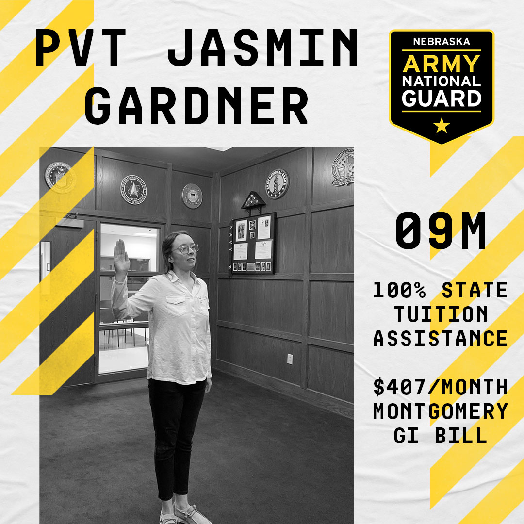 NEarmyguard's tweet photo. Please help us welcome PVT Jasmin Gardner to the Nebraska Army National Guard! As a recent graduate of Wallace Highschool PVT Gardner has joined as a 09M. She has earned 100% State Tuition Assistance and the $407/Month Montgomery GI Bill.
#GuardTheGoodLife #WallaceHighschool https://t.co/VBErWNbxod
