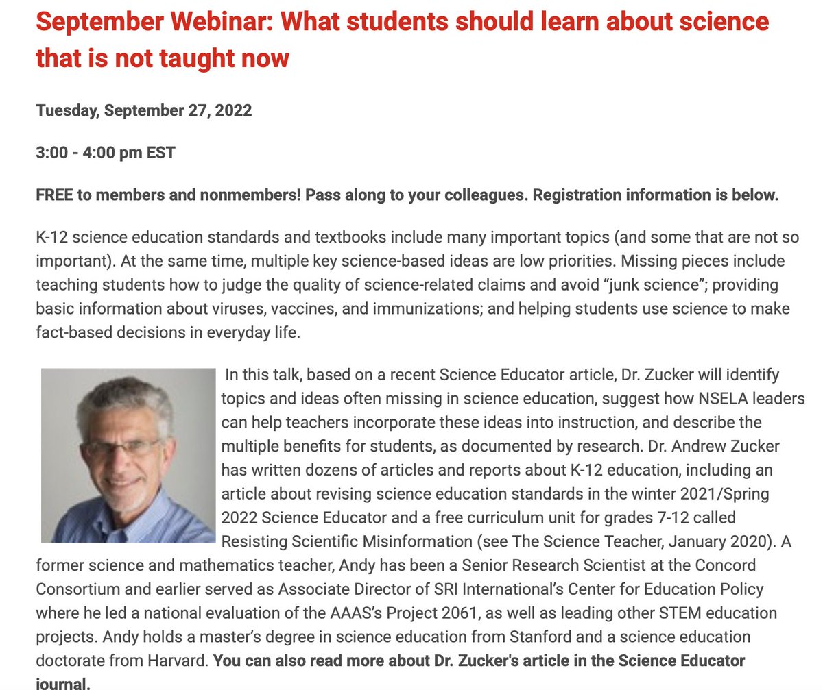 If you have not already registered for NSELA's webinar today, it's not too late! Join w science leaders for Dr. Andy Zucker's important talk about preparing a science literate citizenry. Register at nsela.org #NSTA #NSTA21 #NGSS #ScienceEd #SciEd #STEMeducation