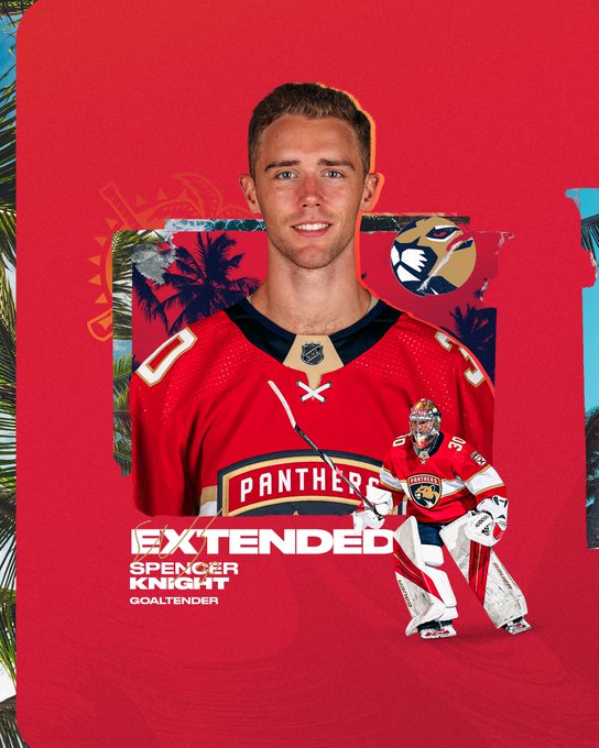 Red graphic featuring photos of Florida Panthers goaltender Spencer Knight with the words "extended" written in white. His name and position are in white underneath.