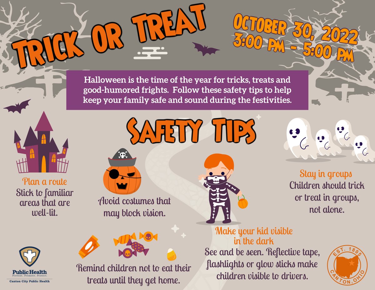 Trick or Treat is Sunday, October 30 from 3 pm - 5 pm.  Below are a few safety tips to help keep your family safe.
