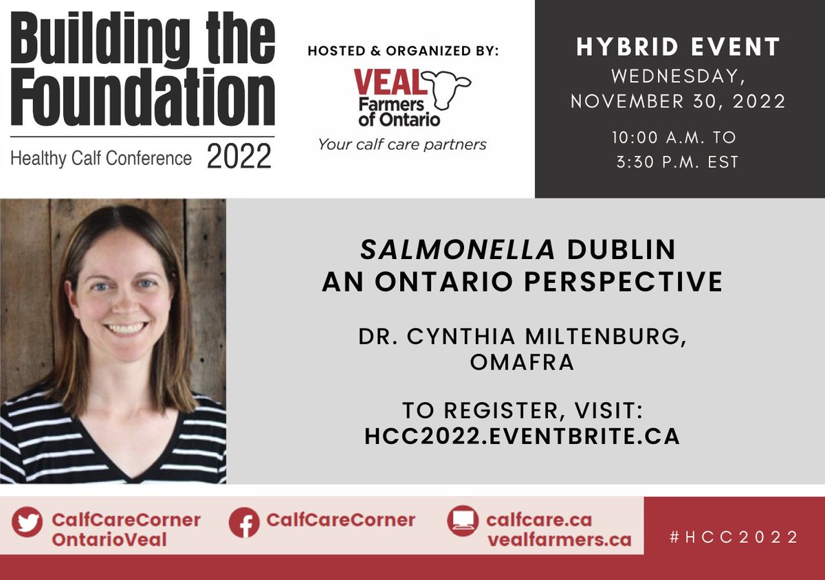 CalfCareCorner's tweet image. Join @OntarioVeal for #HCC2022, when Dr. Miltenburg will share data on the prevalence of S. Dublin in Ontario and why we need to continue to prioritize prevention and control. 

Register here: hcc2022.eventbrite.ca
Find more details here: bit.ly/HCC2022cc
#calftiptuesday