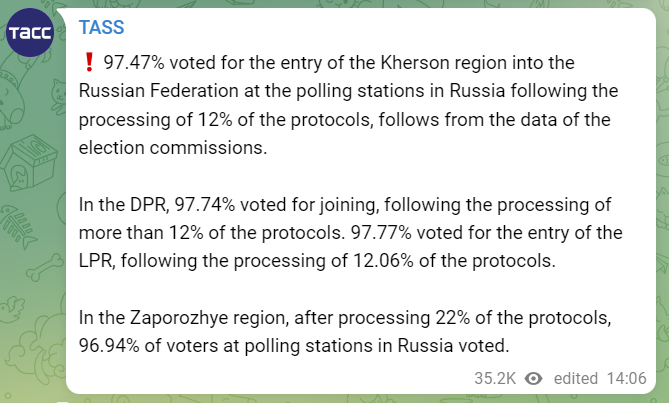 🤣🤣🤣
#Russia knows no-one will believe anything to do with the referenda in #Ukraine. The Kremlin knows it's a purely propaganda exercise, so they invent figures that simply cannot be possible because they don't care and like to show that.

#SaveUkraine #StopRussia