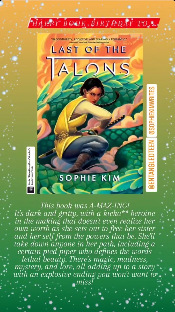 GRgenius's tweet photo. Happy #BookBirthday to...
#LastoftheTalons by @sophiekimwrites (@EntangledTeen)!
Myth, legend, and lore come to life with a bada** heroine knocking down anything in her path to save her sister. Dark, gritty, powerful, and so #nottobemissed! #yalit https://t.co/QtCBSAbaAc