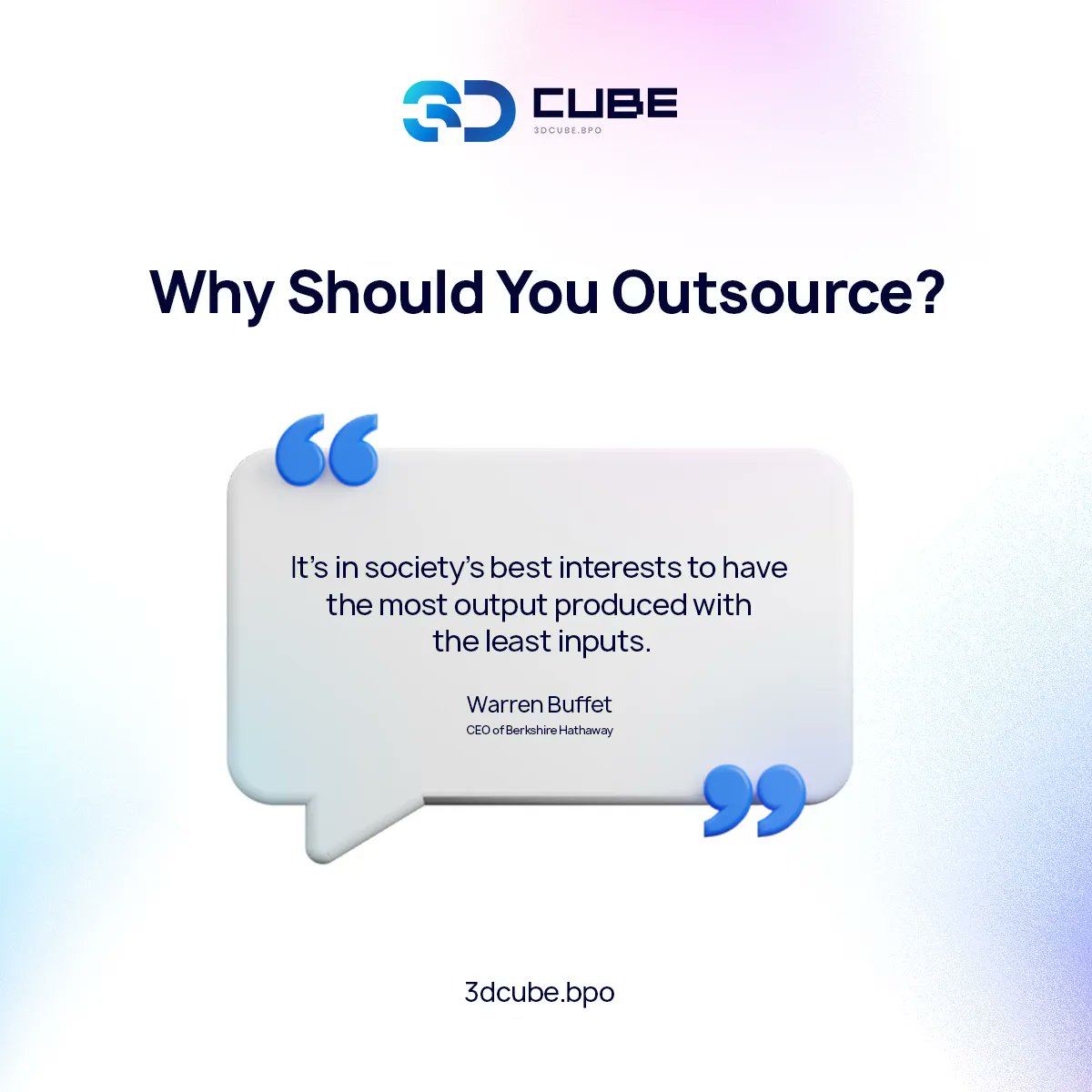 3dcubebpo's tweet image. Warren Buffet and many other famous people prefer Outsourcing to other businesses
Visit: 3dcubebpo.com
#3dcubebpo #Marketing  #3dcube #BPO #Businessprocessoutsourcing #usa #marketingtips #marketingagency #markeitngsolutions #marketingtips #steps #tips #branding #agency