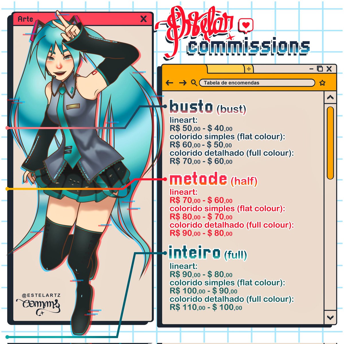 estelartz's tweet photo. COMISSÕES ABERTAS!
(commissions open)

Tabelinha nova com preços em real e também em DÓLARES!💗 https://t.co/tLEDfZ7pan