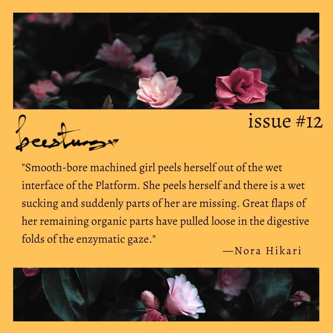 'Smooth-bore machined girl peels herself out of the wet interface of the Platform. She peels herself and there is a wet sucking and suddenly parts of her are missing. Great flaps of her remaining organic parts have pulled loose...' —Nora Hikari beestungmag.com/issue12/kiss-m…