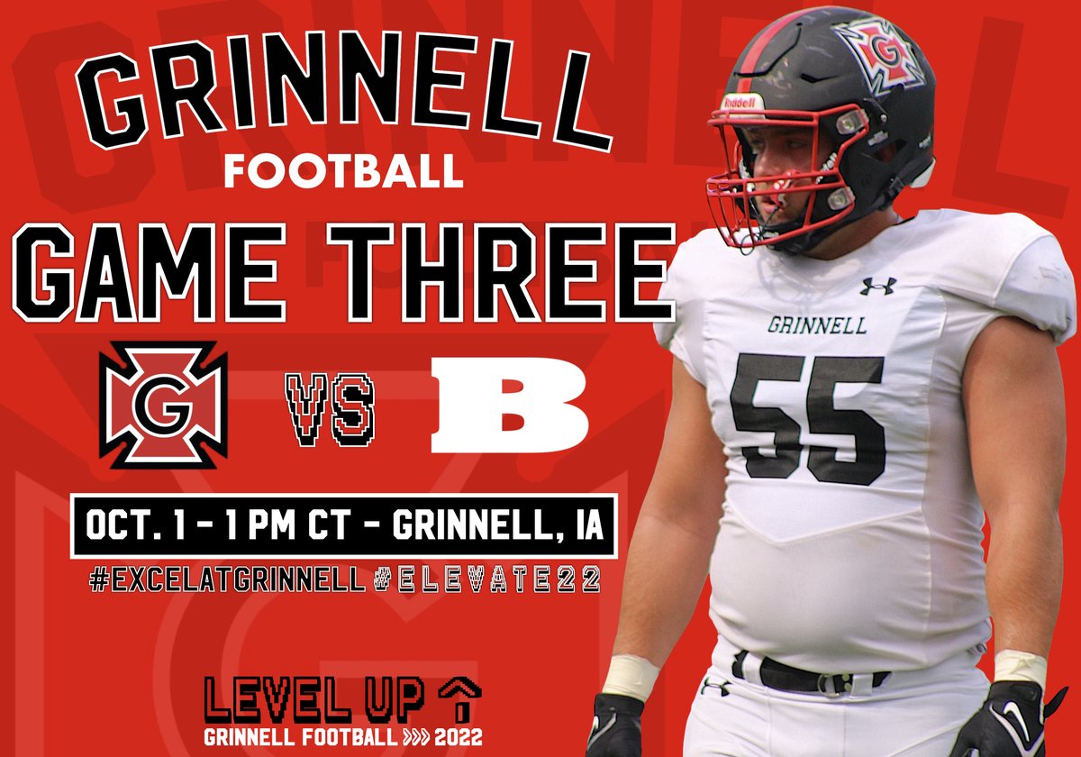 Grinnell College Football (@grinnell_fb) on Twitter photo Game 3 up next!
Back at home vs. the Buccaneers!
Game 3⃣
🆚: Beloit College
📆:Oct. 1, 2022
⏰: 1 PM CT
📍: Rosenbloom Field, Grinnell, IA
#ExcelatGrinnell #ELEVATE22 Game 3 up next!
Back at home vs. the Buccaneers!
Game 3⃣
🆚: Beloit College
📆:Oct. 1, 2022
⏰: 1 PM CT
📍: Rosenbloom Field, Grinnell, IA
#ExcelatGrinnell #ELEVATE22