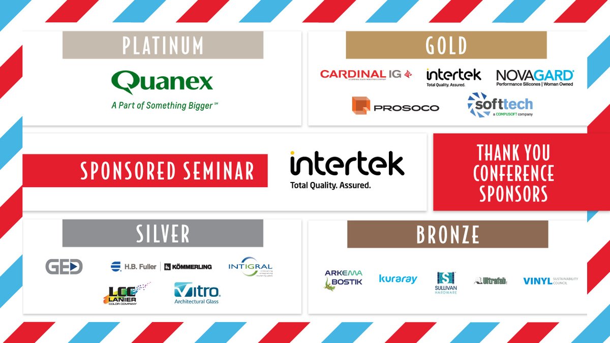 fgiaonline's tweet photo. FGIA would like to thank its Silver level sponsors, whose generous support made this week's #FGIAconf possible. Thank you,  @GED_Marketing, @GlueTalk,  #Intigral, #LanierColorCompany and @Vitro_Glazings! https://t.co/HQYu1gRGOS