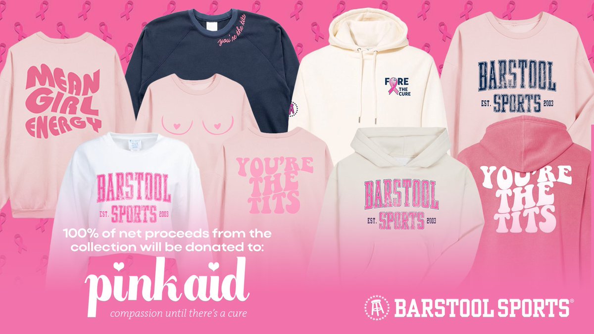 barstoolstore's tweet photo. Breast Cancer Awareness Line Now Live: https://t.co/29bRmOiKBd

100% of net proceeds to Pink Aid 💕 https://t.co/zd7fdTNeev