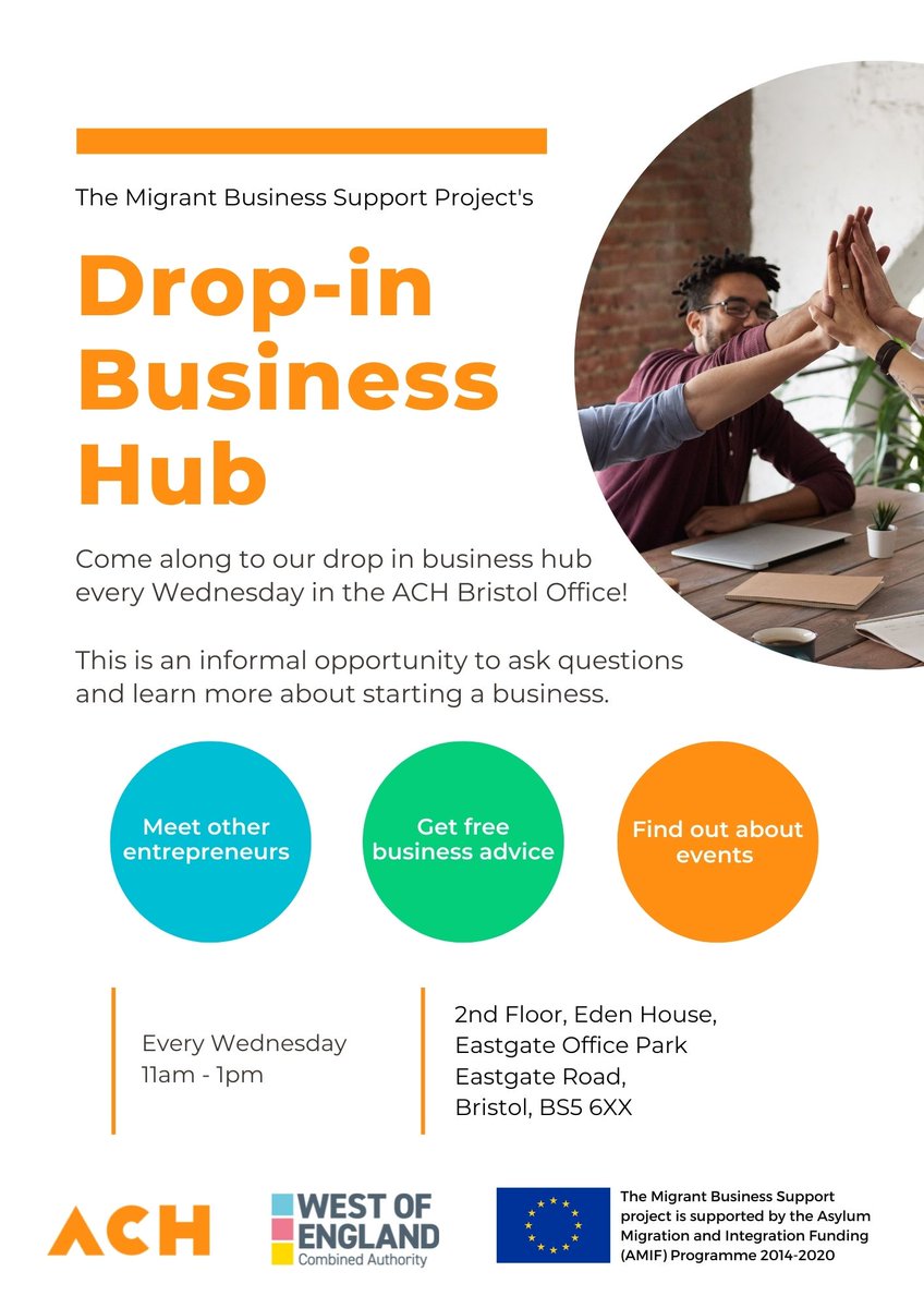 Next week 📢

If you're a budding small business entrepreneur based in Bristol, join our Drop-in Business Hub! 

Every Wednesday starting 5th Oct, we're hosting an informal drop-in chat for people from a refugee or migrant background looking to start a business - details 👇