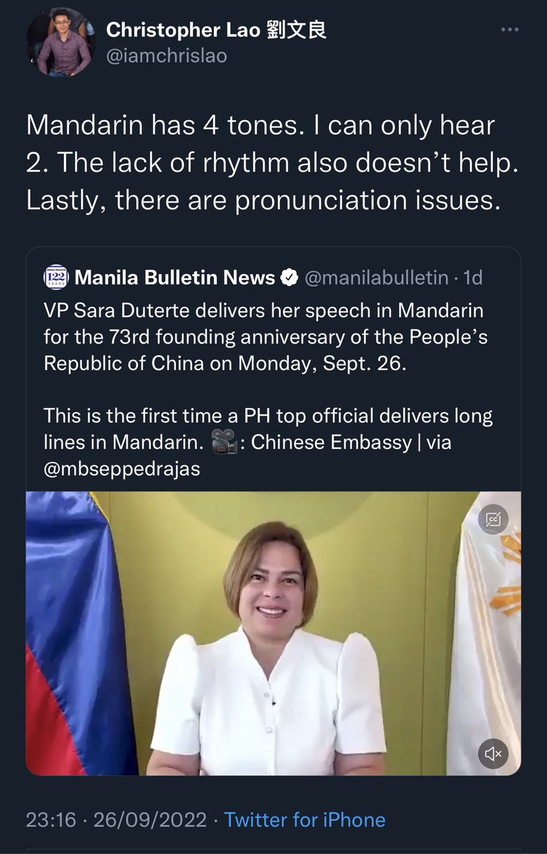 BothanPhl's tweet photo. This is precisely why Filipino identity &amp; attitude has become a liability than an asset- we simply don’t see the good things in all people. The Chinese community @Chinaembmanila appreciated the fact someone speaking their language as a gesture of solidarity. Pettiness is cowardly https://t.co/SmxlTFnIFC