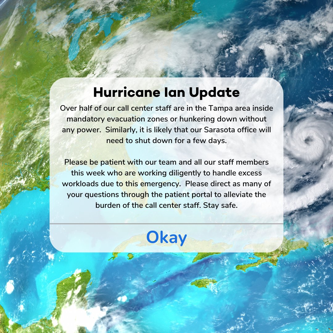 Over half of our call center staff are in the Tampa area inside mandatory evacuation zones or hunkering down without any power. 

Please be patient with our team and all our staff members this week who are working diligently to handle excess workloads due to this emergency.