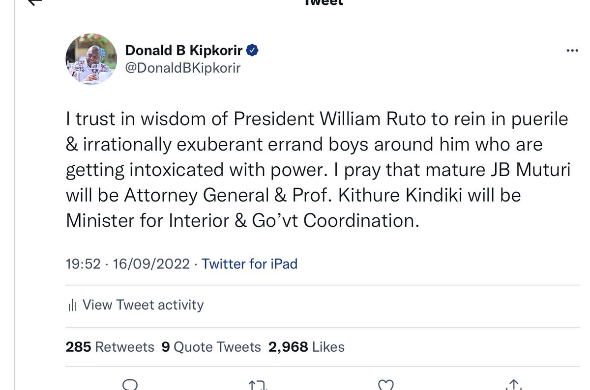 DonaldBKipkorir's tweet photo. I prayed that my friends Prof. Kithure Kindiki be Minister for Interior &amp; JB Muturi be Attorney General … And they were answered. https://t.co/t2ESGC7piV