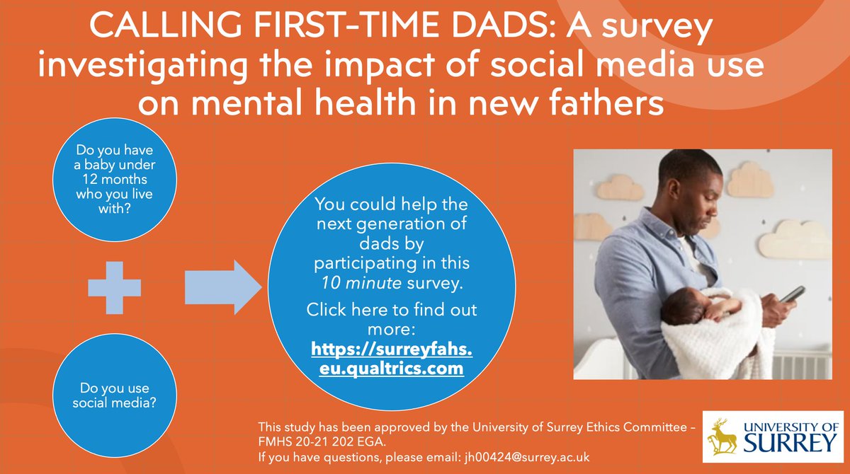 * STILL RECRUITING * 
✅ first time dads 
✅ with a baby under 12 months 
✅ who use social media
✅ can spare 10 minutes to fill in a survey to help improve our understanding of dad's experiences of fatherhood 

CLICK HERE: surreyfahs.eu.qualtrics.com/jfe/form/SV_6J…