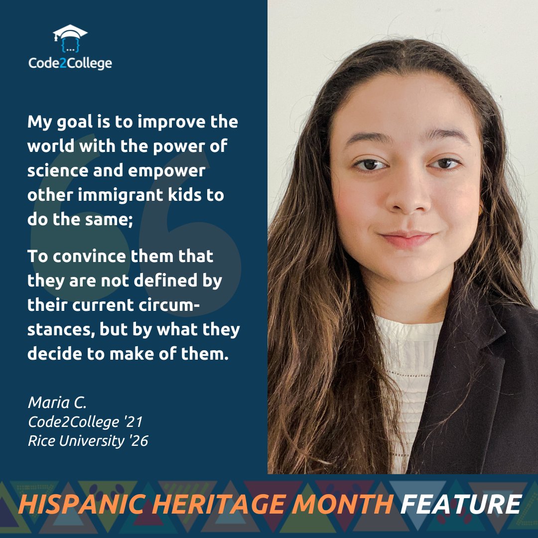 code2college's tweet photo. Since taking her first #Code2College class in 2019, Maria landed two software engineering internships at @indeed, was granted the #AmazonFutureEngineer scholarship &amp; internship, &amp; was awarded a full ride scholarship to @RiceUniversity!

#LatinasinTech #HispanicHeritageMonth https://t.co/dCtQ9fATeD
