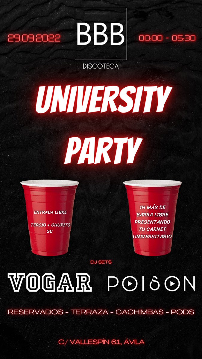 JUEVES UNIVERSITARIO💥 4 HORAS DE BARRA LIBRE presentando tu CARNET UNIVERSITARIO🤪 además, TERCIO + CHUPITO 2€🤩