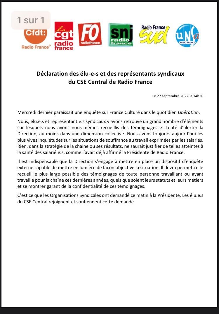 jlefilliatre's tweet photo. Après le papier de @libe sur France Culture, l'intersyndicale de Radio France, qui a vu Sibyle Veil, exprime ses «plus vives inquiétudes» et demande une «enquête externe» : «Nous y avons retrouvé un grand nombre d'éléments sur lesquels nous avons recueilli des témoignages». https://t.co/xQhWmLsQTH
