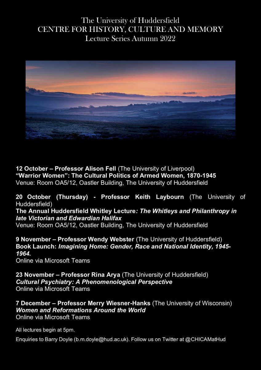 Delighted to announce our Speaker Series for Autumn 2022! These are all in person at the University of Huddersfield. Any enquiries can be directed to Prof. Barry Doyle. (More events for the Winter will move online). Exciting!