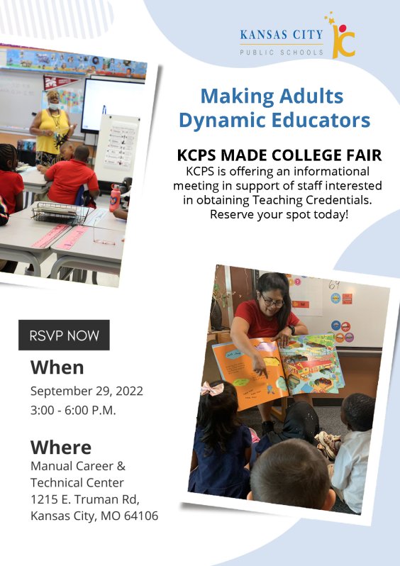 KCPS MADE College &amp; Resource Fair
Thursday 9.29.2022
3:00 - 6:00pm
See you There
docs.google.com/forms/d/e/1FAI…