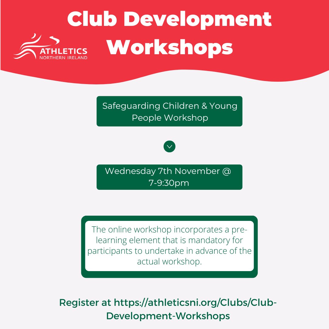 AthleticsNI's tweet photo. 📢 SAFEGUARDING CHILDREN &amp; YOUNG PEOPLE WORKSHOP 📢

This workshop is recommended for all coaches and club officers.

Find out more about the workshop and others here: 
https://t.co/W8oHjc8xow

#ClubDevelopementWorkshops #Safeguarding #SupportingOurClubs
@SportNINet https://t.co/GXmoctyahQ