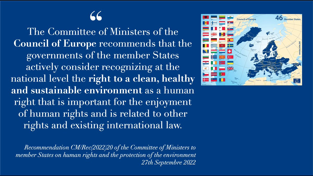🔥📢🆕NEW: 🇪🇺Council of Europe recommends that all 4⃣6⃣Member States actively consider recognition of human right to clean, healthy &amp; sustainable environment
🎇@CoE engagement for recognition &amp; protection of the right cld have very significant benefits
📰search.coe.int/cm/pages/resul…