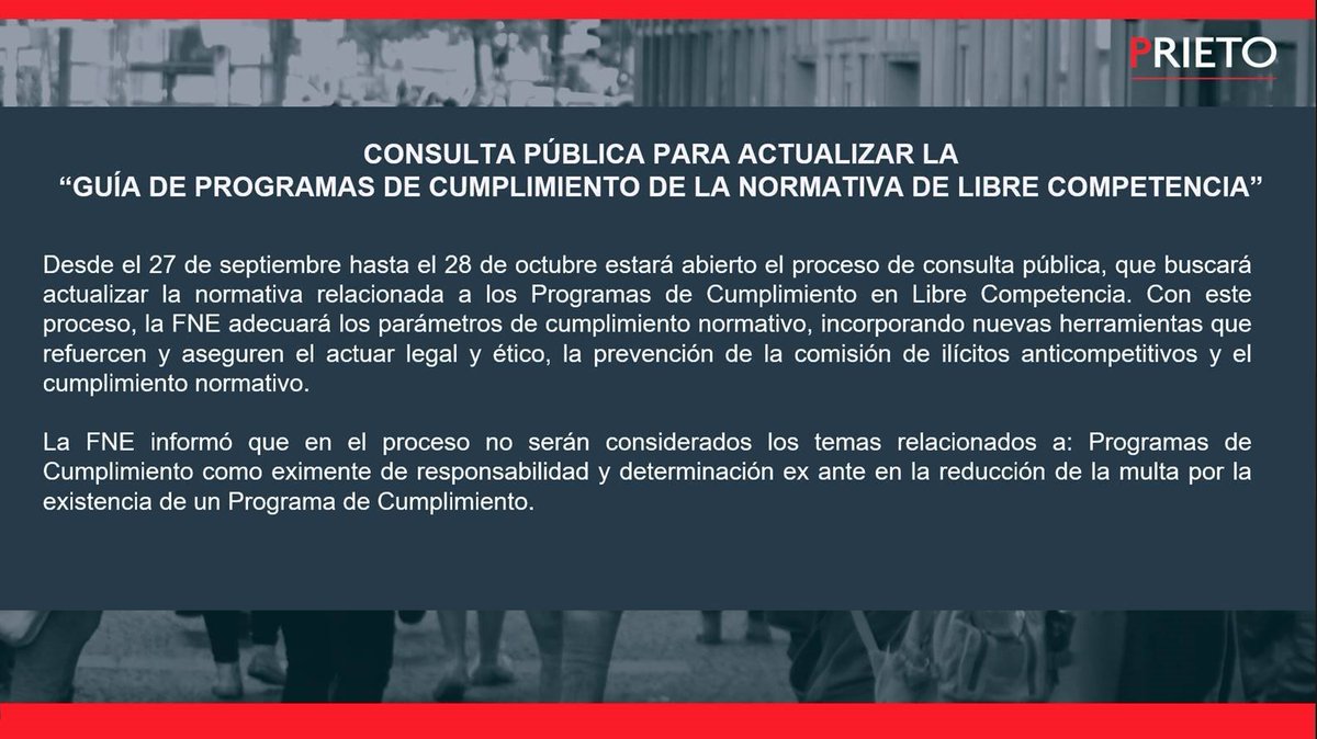 #AlertaLegal: <a href="/ChileFne/">FNE_Chile</a>  abre proceso de consulta pública para actualizar la “Guía de Programas de Cumplimiento de la Normativa de Libre Competencia”. 

Respecto a la consulta pública, los comentarios pueden enviarse a consultacompliance@fne.gob.cl hasta el 28 de octubre.