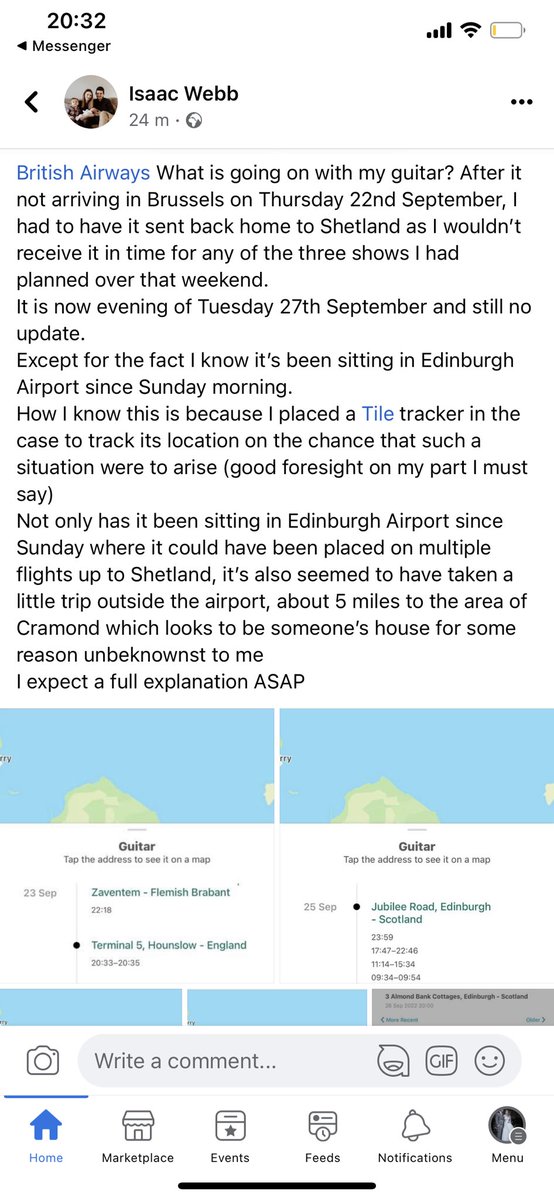 teganjayneexo's tweet photo. @British_Airways Please explain on why my husbands guitar has been sent from London to Edinburgh to Holland (Amsterdam and Brussels) then back to Edinburgh to someones house and back to the airport? absolutely unacceptable!!! https://t.co/KAZr4r4ErE