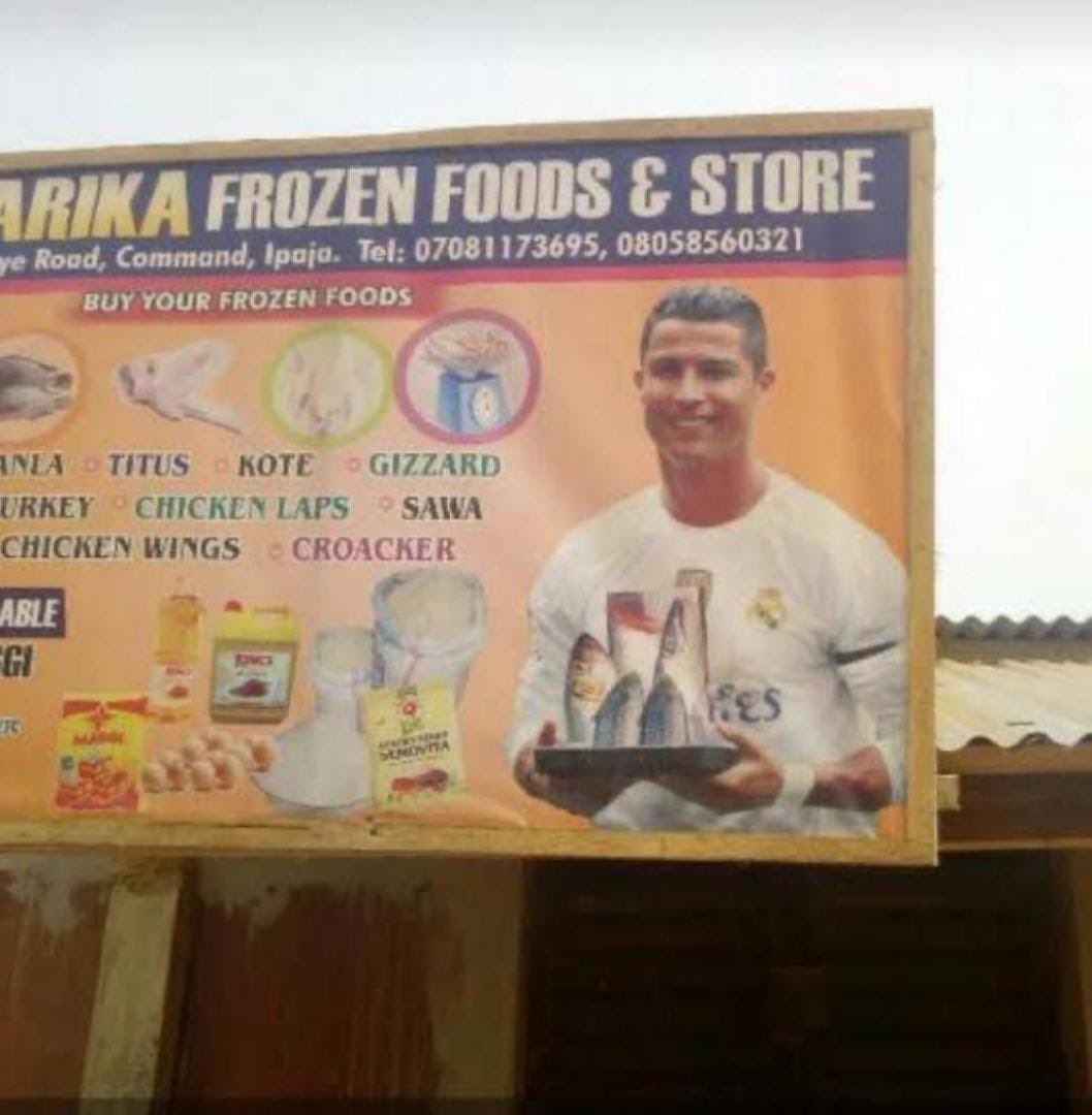 Naija_PR's tweet photo. Is Ronaldo selling Frozen foods??😂😂😭 https://t.co/paeQTTK6qc