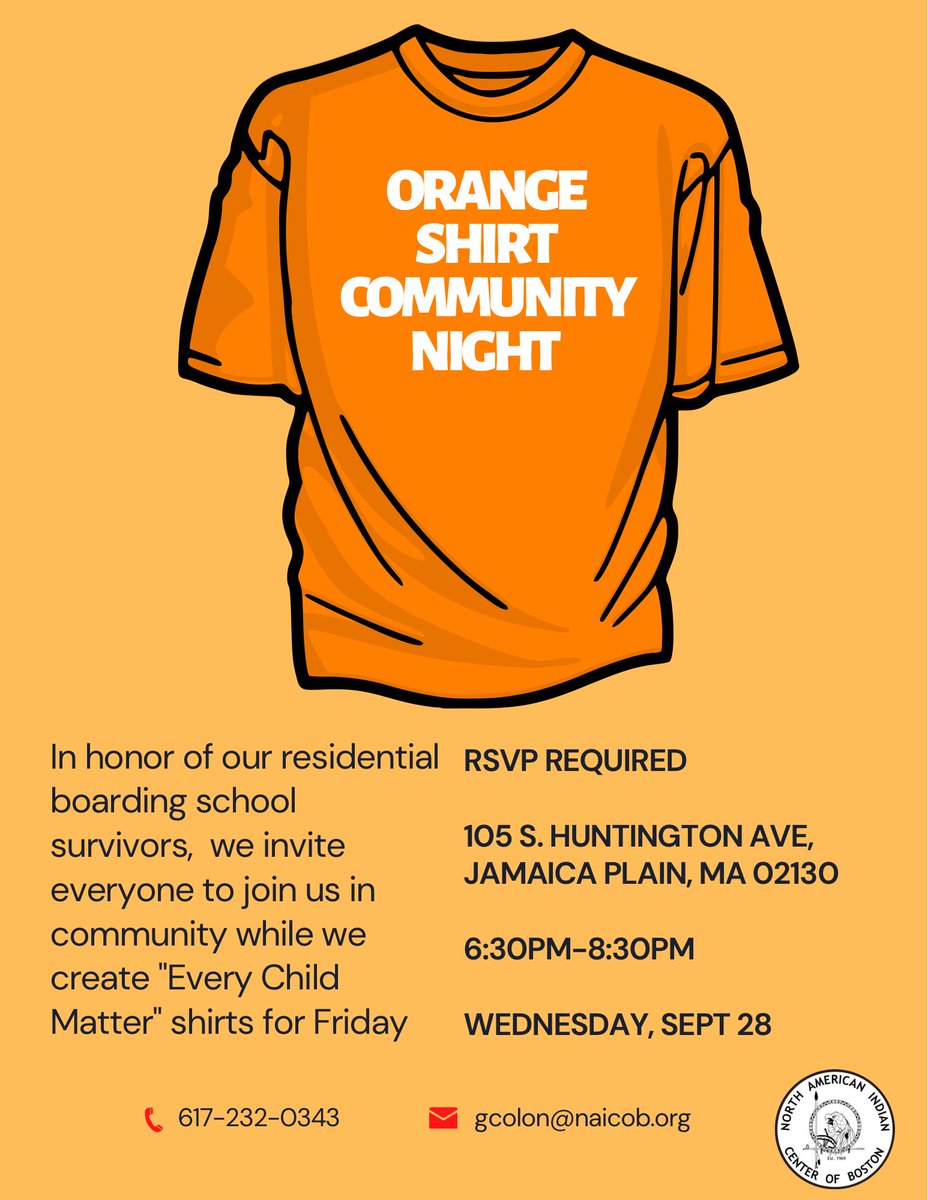 Tomorrow night, join us in a community night designing orange shirts for Friday’s Orange Shirt Day. 

Registration is required, forms.gle/5zdyr4BoD1j1rn…
