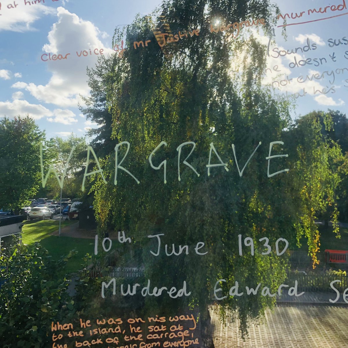 SherburnEnglish's tweet photo. Year 9 @sherburnhigh students exploring the language clues in #AndThenThereWereNone #AgathaChristie ���and we get to use the chalk pens on Mr Hunt’s windows! 🔎 🖊 https://t.co/fDjRbGOntp