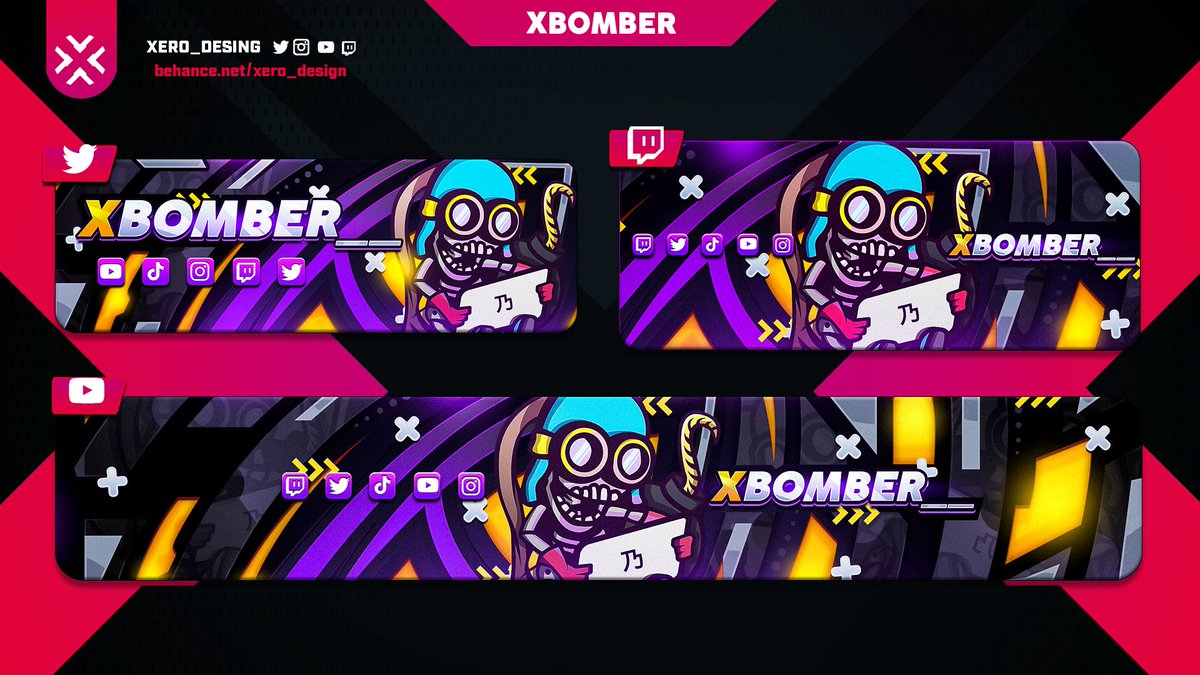 Para variar un poco, aqui les traigo los banners y header realizados para <a href="/xBomber__/">David Garrido</a>. 

Esta linea grafica esta basada en la morfologia de su logo con sus colores emblematicos y adquiriendo un estilo moderno.

Un ❤️y ⇄ se agradecen de corazón.