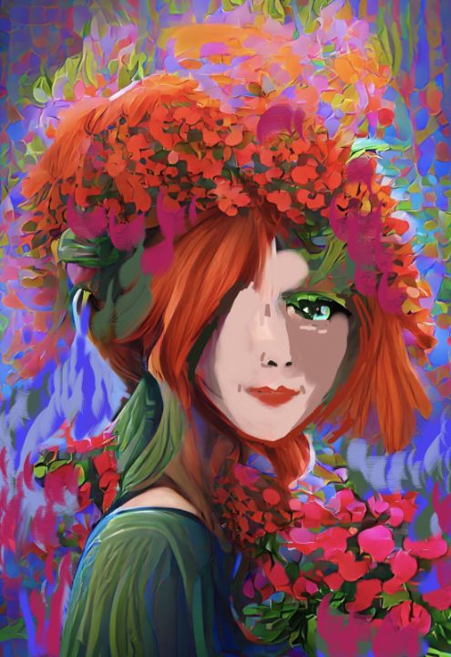 elanoue's tweet photo. Featured Art of the Day: "Redhead LADY and VALENTINE FLOWERS". Buy it at: https://t.co/dYK03utbNZ https://t.co/gu11VWcioC