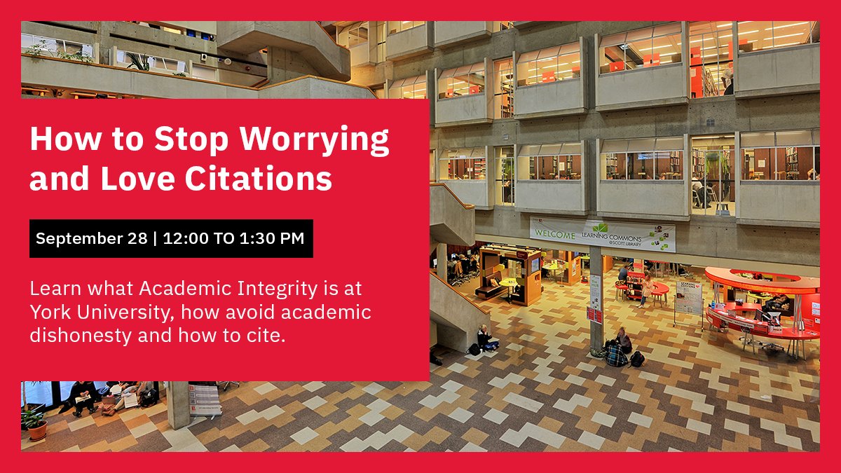 Faculty of Liberal Arts & Professional Studies (@yorkulaps) on Twitter photo Citation is about more than knowing where to add your commas.
📅 On Sept. 29, join <a href="/yorkulibraries/">York University Libraries</a> for an interactive workshop covering how to identify and avoid academic dishonesty and how to cite correctly.
Register: bit.ly/3CmvMkp Citation is about more than knowing where to add your commas.
📅 On Sept. 29, join <a href="/yorkulibraries/">York University Libraries</a> for an interactive workshop covering how to identify and avoid academic dishonesty and how to cite correctly.
Register: bit.ly/3CmvMkp