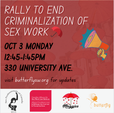 CDNSWAlliance's tweet image. Rally to end criminalization of #sexwork 
Rally and Speak-Out 
12:45pm - 1:45 pm, October 3, 2022 (Mon) 
Ontario Superior Court, Toronto (ON)
330 University Ave (Location may change, please check butterflysw.org 4 updates) 
Bring red umbrellas! #RepealPCEPA