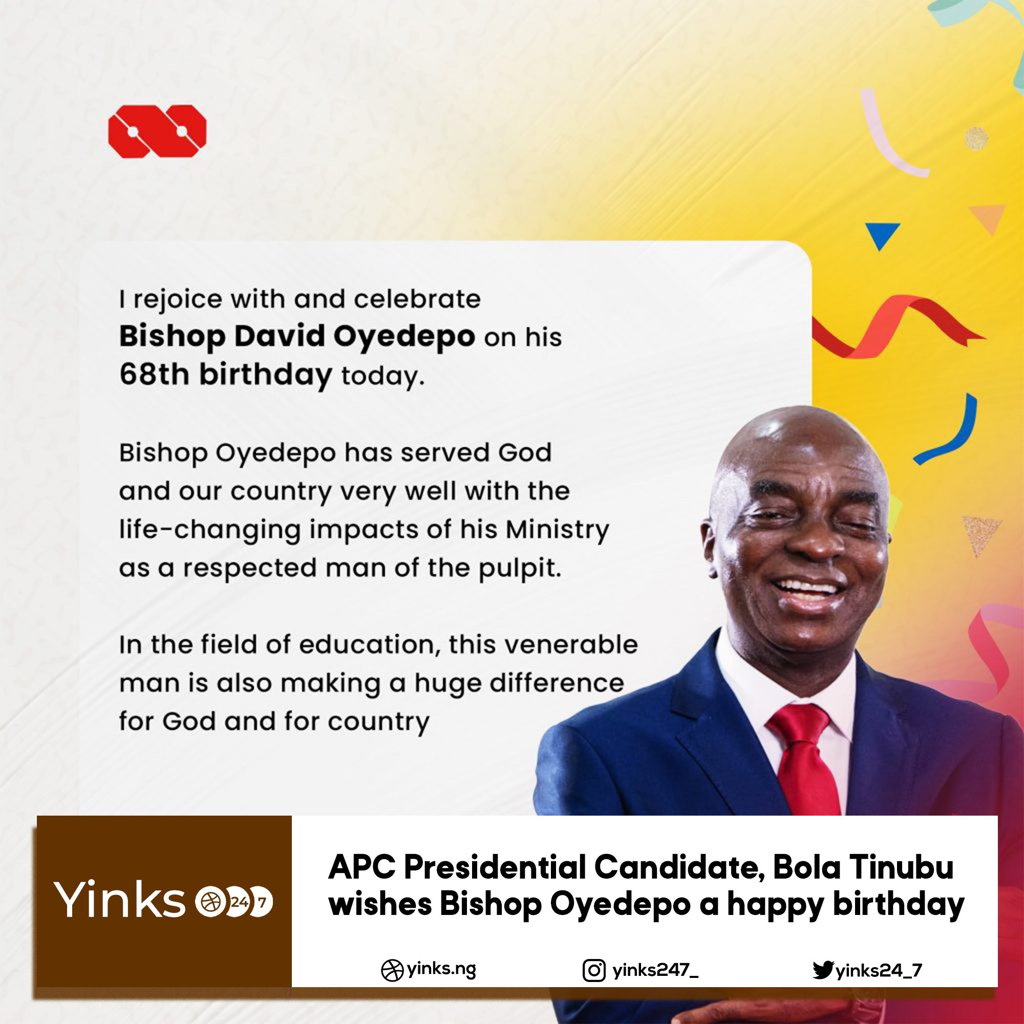 APC Presidential Candidate, Bola Tinubu Wishes Bishop David Oyedepo A Happy Birthday

 