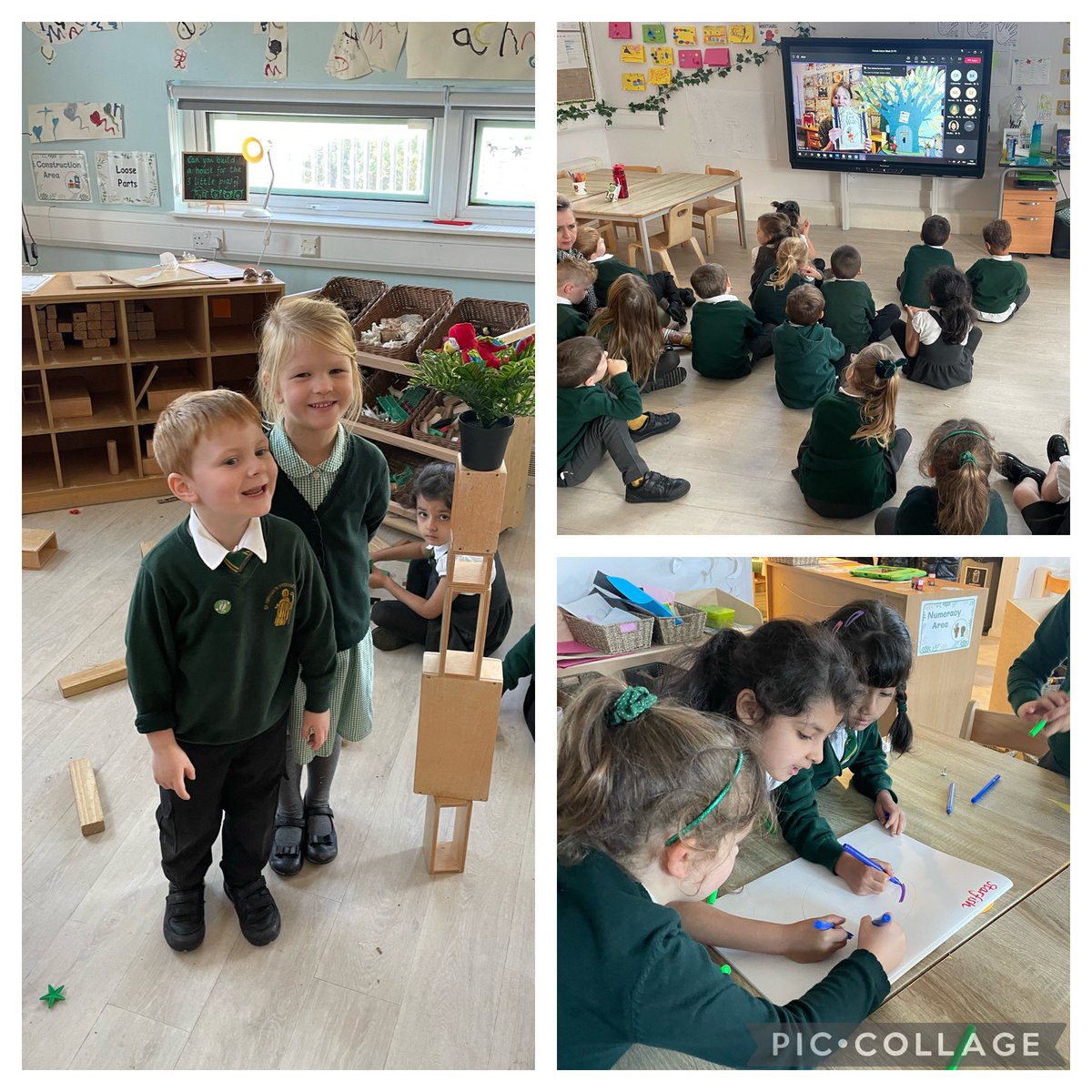 MrsKerr4's tweet photo. Primary 1 investigators tuned in to hear the story ‘The Last Wolf’ for climate week. They enjoyed discussing the importance of trees and ways that we can look after our world. 🌎 During block play some children used the blocks to create a tree 🌳 #ClimateWeek2022 @StNinianPS https://t.co/en9UO7QQEo