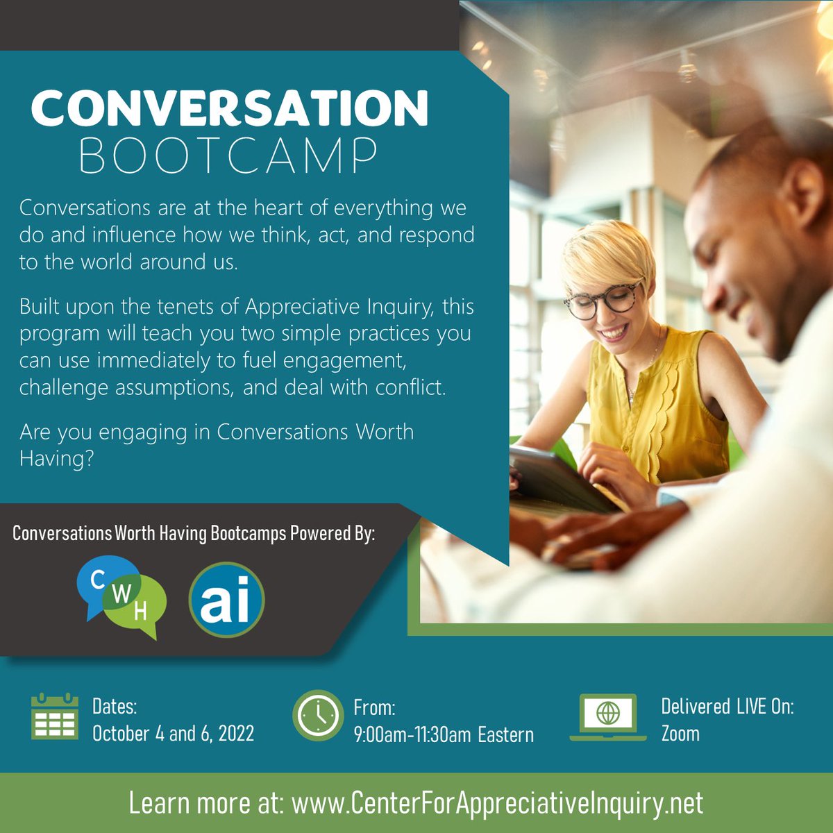 Generative conversations create opportunities to reveal untapped potential by inviting dialogue that calls forward our unique strengths in creating shared visions of a desired future. Click link in bio for more info. #conversationsworthhaving #cwh #ai #appreciativeinquiry